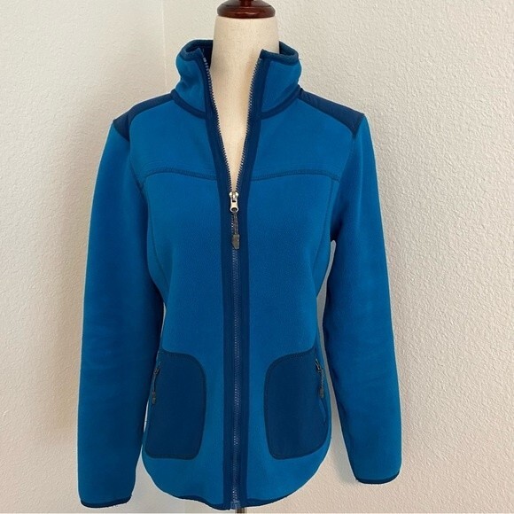 GREEN TEA Blue Fleece Navy Stripe Detail Two Zip Pockets Full Zip Front Size S - Picture 1 of 13